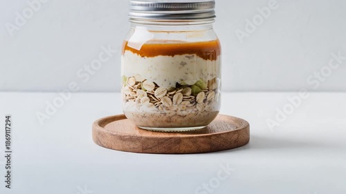 Healthy overnight oats with yogurt, caramel, and seeds in a glass mason jar. Cinematic slow tilt-down revealing layers on a wooden board for wellness lifestyle.