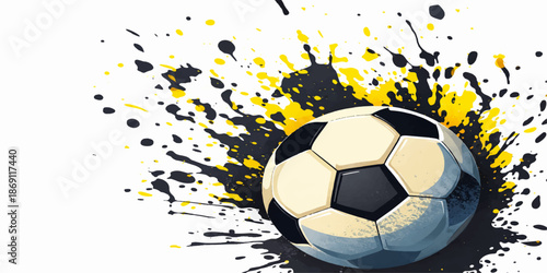 A grunge vector illustration of a black and white soccer ball sphere featuring abstract colorful splashes for a competitive sports team game design