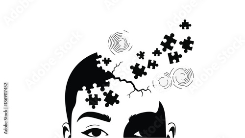 Fragmented mind with puzzle pieces scattering from a human head, symbolizing memory loss or confusion.