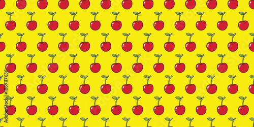 Red cherry seamless pattern on yellow background. Cute summer fruit vector illustration for wallpaper, textile, and gift wrapping paper.