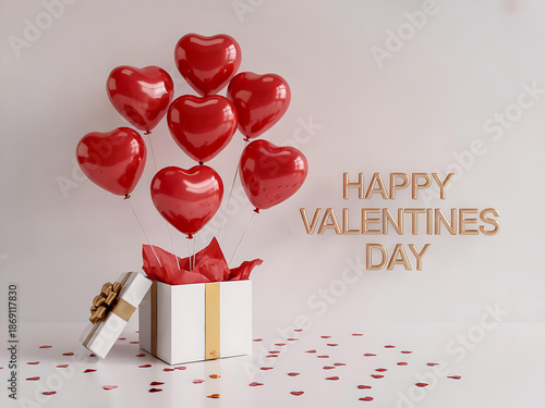 Valentine's Day Heart Balloons and Gift Box: Romantic Celebration Decor for Festive Love-Themed Occasions with Elegant Gift Presentation and Symbols of Love