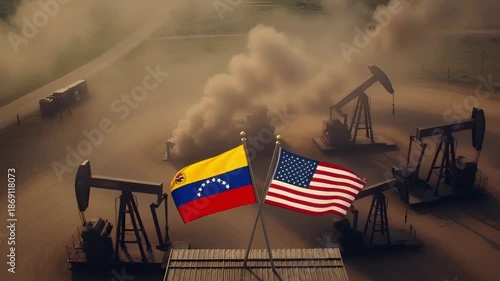 crossed flags of venezuela and usa in front of oil rigs and smoke in industrial area