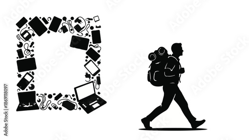 Silhouette of a traveler with a large backpack, next to a border of various digital devices, symbolizing connection and exploration.