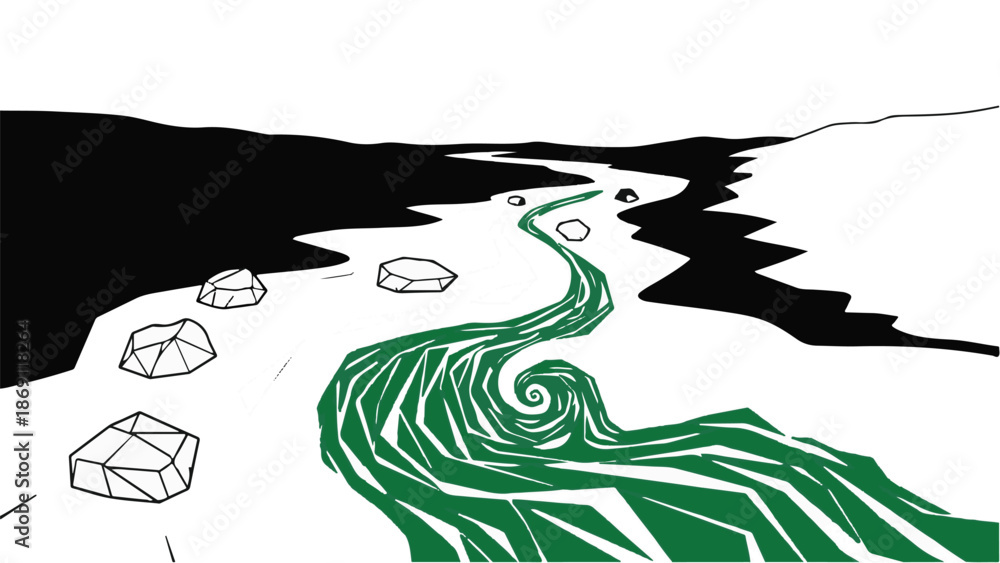 Fototapeta premium Stylized green river flowing through stark black and white landscape with rocks