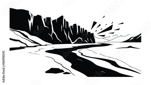 Dramatic black and white illustration of a winding river flowing through a rugged, mountainous landscape at sunrise.