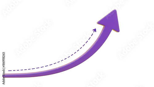 Purple curved arrow icon on transparent background, glossy 3d gradient swoosh with dashed guide line, upward right growth direction symbol for charts, UI navigation and progress
