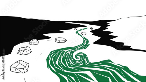 Stylized green river flowing through stark black and white landscape with rocks