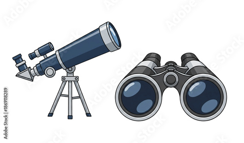 Cartoon binoculars and telescopes vector set optical devices isolated on transparent background