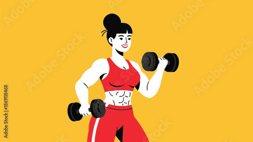 A strong and determined woman lifting dumbbells while exercising in a vibrant and energetic environment