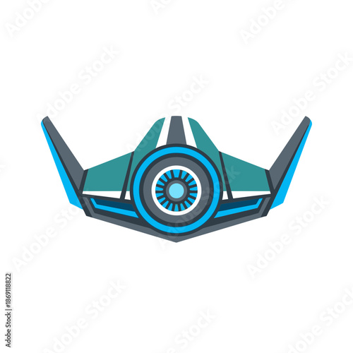 A futuristic, stylized teal and blue flying drone or spacecraft with a central engine.