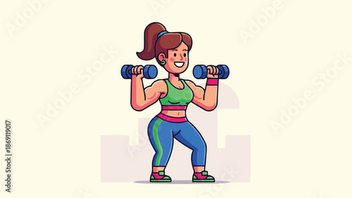A cheerful and fit young woman lifting dumbbells while smiling in a colorful fitness outfit