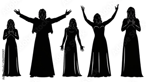 Set of Five Women Silhouettes Posed Dramatically in Long Gowns