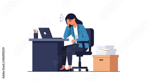 Overwhelmed businesswoman struggling with work stress and deadlines, feeling exhausted at her desk with a laptop and piles of paperwork