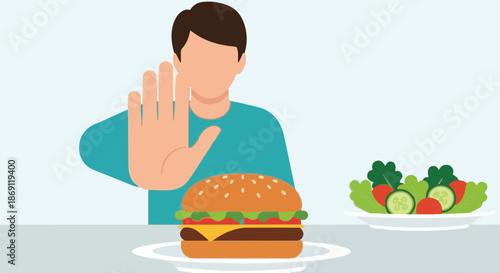 Person making a healthy lifestyle choice by refusing a burger and opting for a fresh salad, emphasizing mindful eating, diet, and wellness for better health