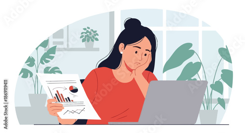 Young woman looking stressed and worried while working on a laptop and reviewing financial documents