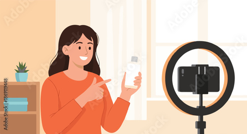 Dynamic Content Creator Demonstrates Skincare Product Online, Engaging Audience with Professional Home Studio Vlogging Setup