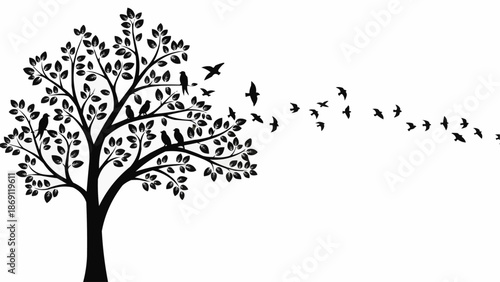 Silhouette of a tree with birds flying away.