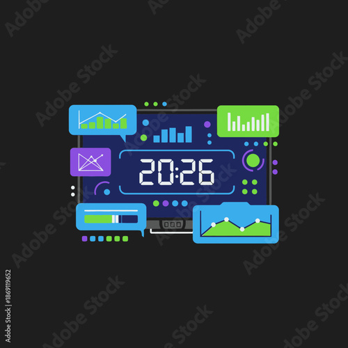 Digital dashboard with data visualizations, charts, graphs, and a clock displaying 20:26, representing analytics and time management.