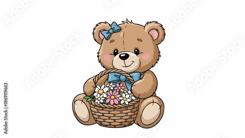 Cute teddy bear holding a basket of flowers.