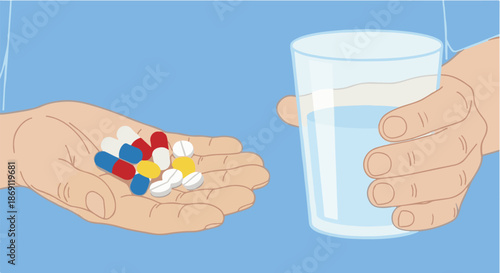 Hand holding pills and glass of water, medical treatment concept, healthcare and pharmacy illustration