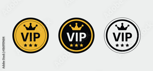 Luxury VIP membership badge set featuring gold, black, and white circular labels with elegant crowns and five stars, premium quality service branding icons for business, clubs, hotels