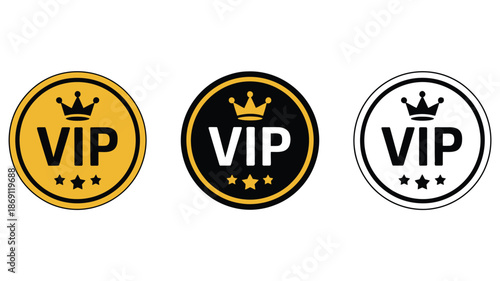 Luxury VIP membership badge set, gold, black, and white circular labels with crowns and five stars, vector illustrations designed for premium service branding