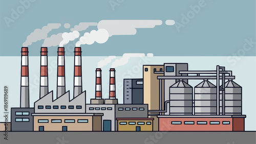 Industrial factory with smoking chimneys and silos emitting pollution.