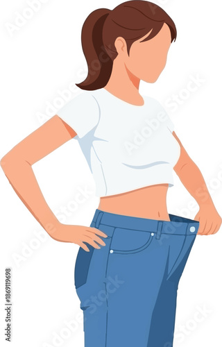Woman proudly showing off her weight loss by wearing oversized jeans, celebrating slimmer figure and healthy lifestyle achievement