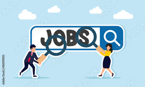 Businessman and businesswoman observing job search engine illustration of job seeking hiring employees and recruitment process