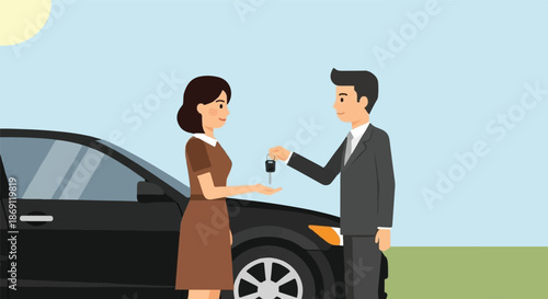 Professional man in business attire handing over car keys to a smiling female client next to a new black car, symbolizing a successful vehicle transaction, purchase, rental, or handover process