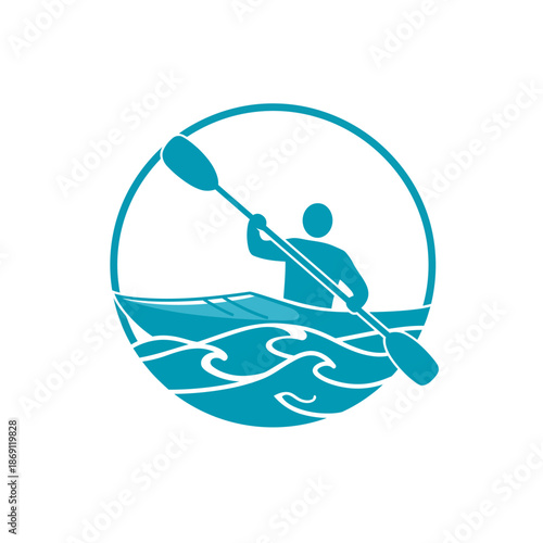 Paddling Water Sport Logo - Kayaker Silhouette in Round Icon with Waves