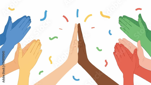 Diverse hands clapping and celebrating success with confetti.