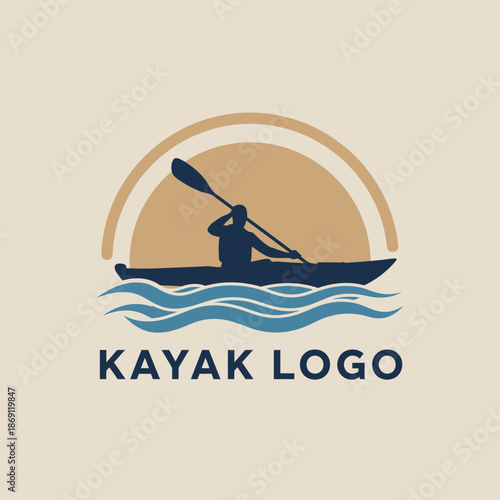Retro Kayak Paddler Silhouette Logo Design on Water Waves