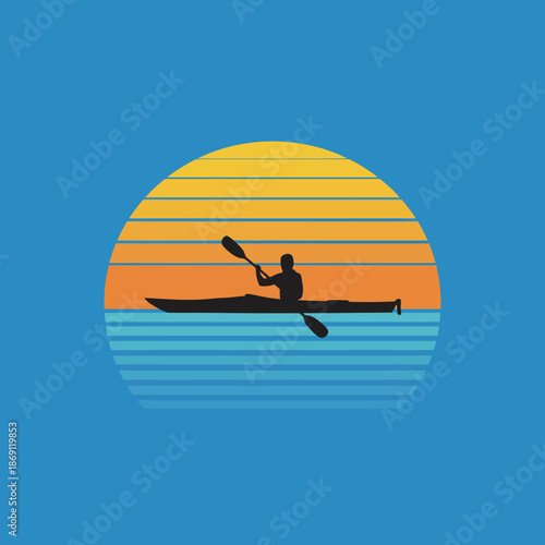 Retro Kayaking Silhouette Logo against Striped Sunset or Sunrise