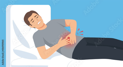 Illustration of a man suffering from acute abdominal pain and stomach discomfort, lying in bed with a distressed expression, indicating digestive issues or internal illness