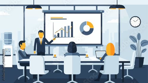 Business meeting presentation with charts and graphs on screen.
