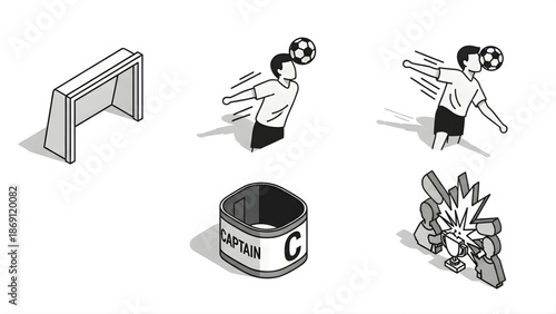 Isometric Soccer Game Concepts A Collection of Illustrative Elements Highlighting Player Action, Equipment, and Dynamic Sports Moments for Design