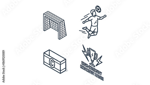Isometric line art icons for football and soccer goal, player heading, captain armband, and trophy. Dynamic sports elements for game design and academy branding
