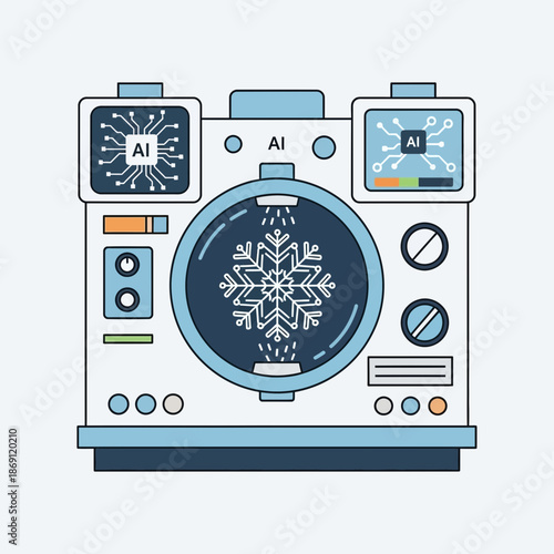 Illustration of an AI-powered freezing or cooling machine with a snowflake icon.