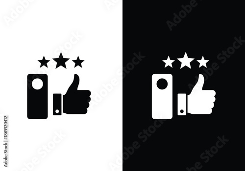 Black and white thumbs up icons with star ratings on contrasting backgrounds