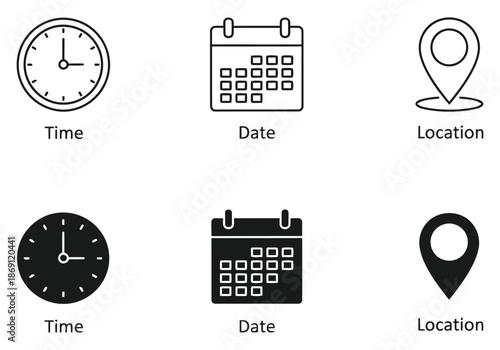 Set of time date and location icons in black and white line art style