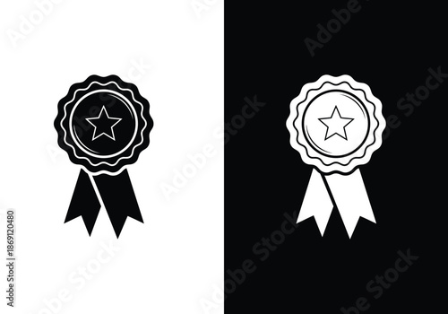 Simple black rosette award icon with star and ribbon on a clean white background