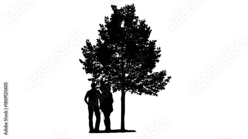 Two individuals find a peaceful moment of solitude under the expansive shade of a large tree