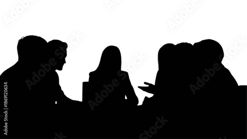 Business professionals engaging in a collaborative discussion silhouette against white background