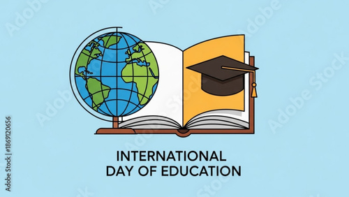 International day of education concept with globe book and graduation cap with learning and school and university and academic and knowledge
