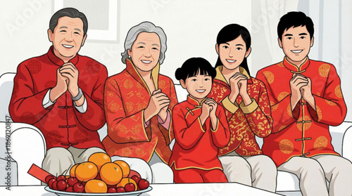 Vector illustration : happy multi-generational Asian family, making traditional fist and palm salutes, hand greeting - Chinese New Year Lunar celebration, reunion, gathering, togetherness, luck