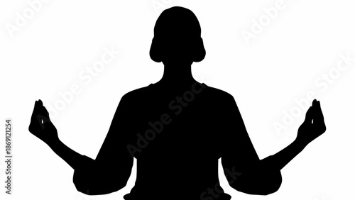 Serene woman meditating in peaceful silhouette against white background