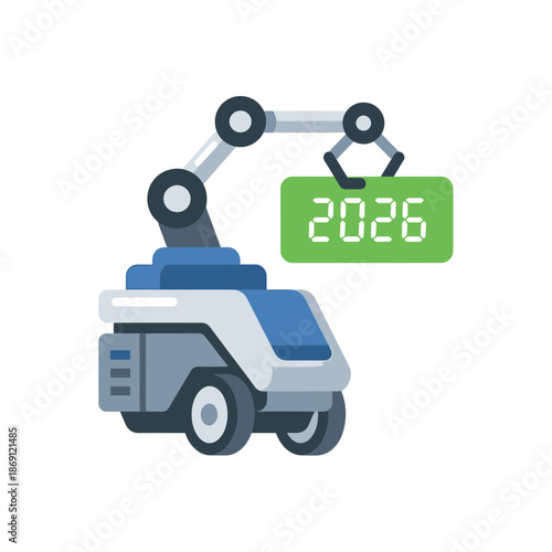 A robotic arm holding a green sign displaying the year 2026, representing future technology and planning.
