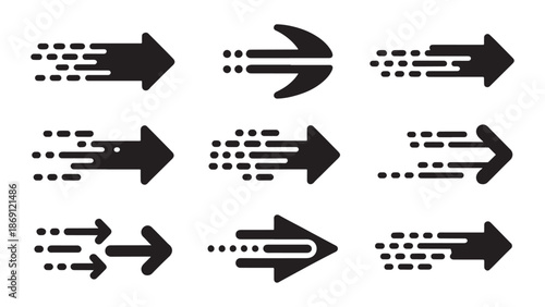 Dynamic collection of black speed arrows with motion trails indicating fast forward movement, rapid delivery service, and futuristic progress direction.