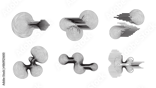 Abstract set of distorted 3D wireframe spheres and geometric shapes with motion trails for futuristic digital design elements.